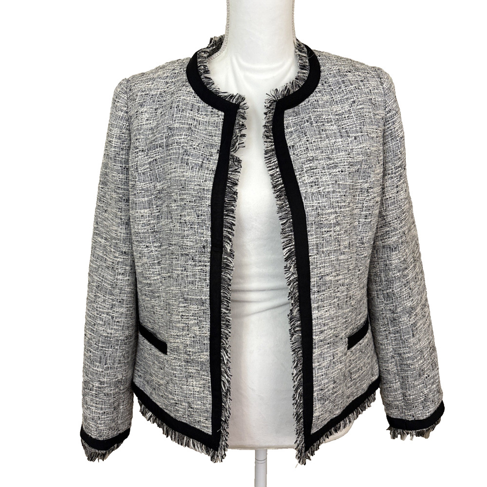Calvin Klein Womens Jacket Sz 10 Black White Plaid Tweed Frayed Edge Open Blazer